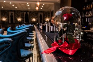 single red rose in dome glass box on a bar counter